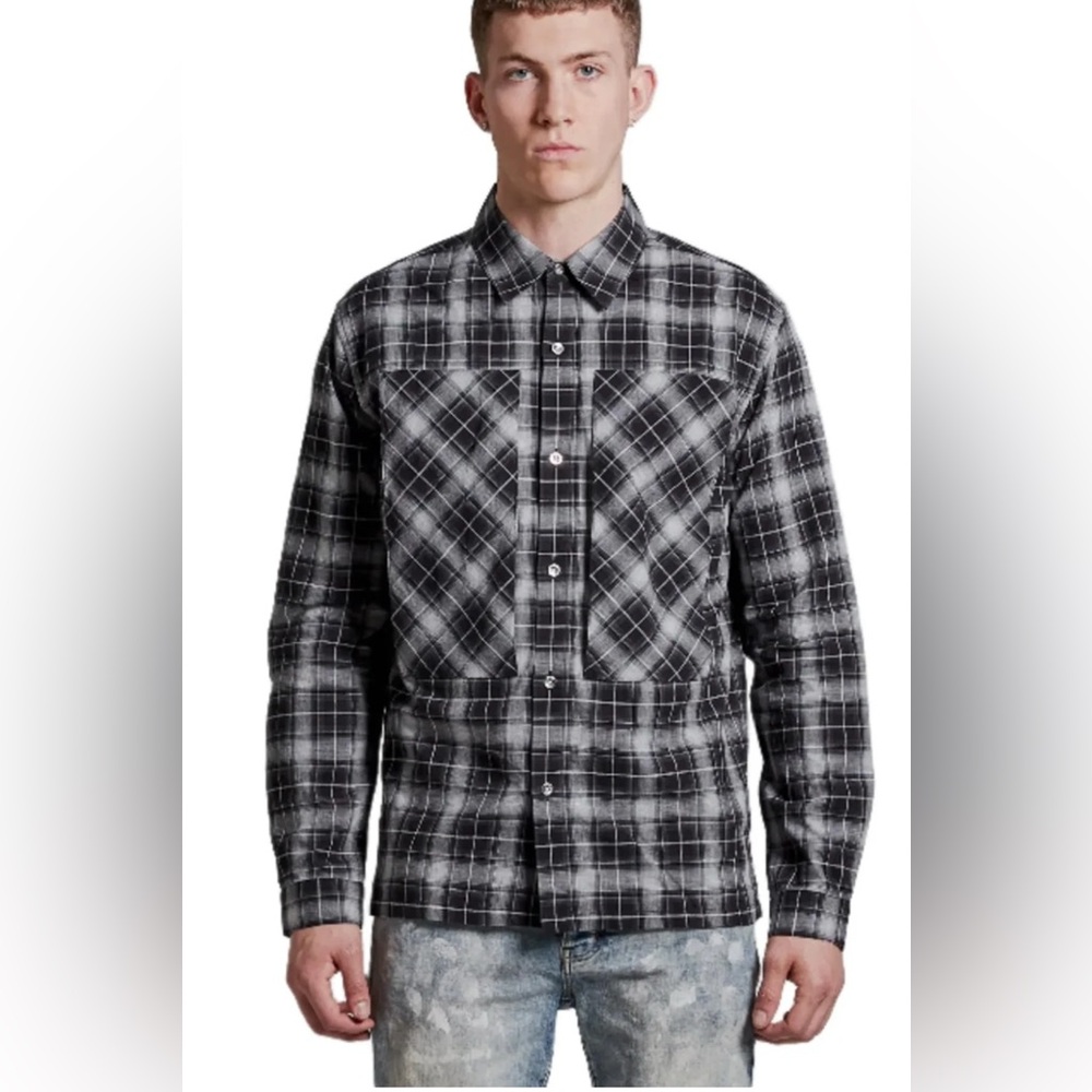 Purple Brand Button Up Shirt Mens P304 Plaid Bias Chest Pocket Long Sleeve Sz L
